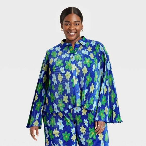 New NWT Sammy B X Target Floral Blue Green Ribbed Button Down Shirt XXL 2X - Picture 2 of 5